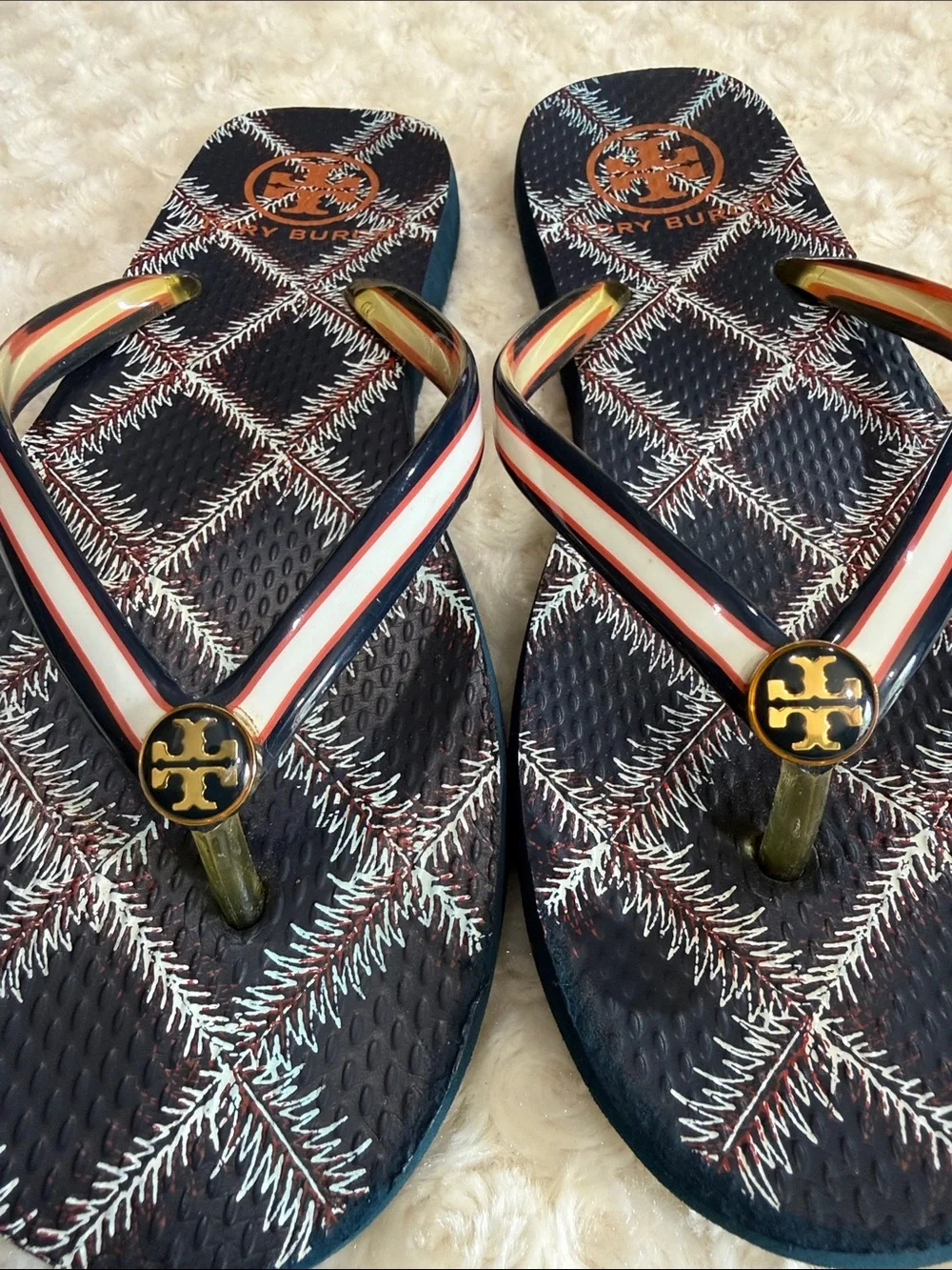 Tory Burch Navy Logo Flip Flop Sandals, sz 7, 2*